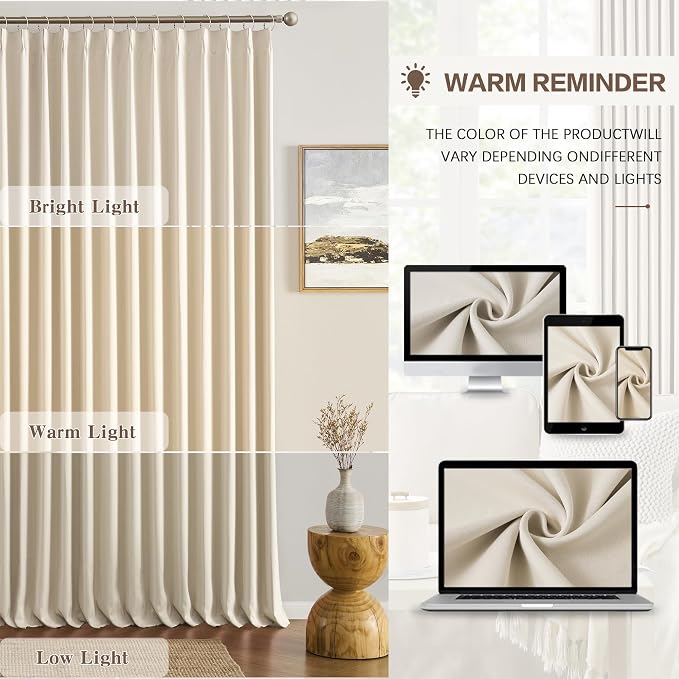 Beige Color Pinch Pleated Curtains Soft Cream, Fancy 90 Inch Curtains - Image 7