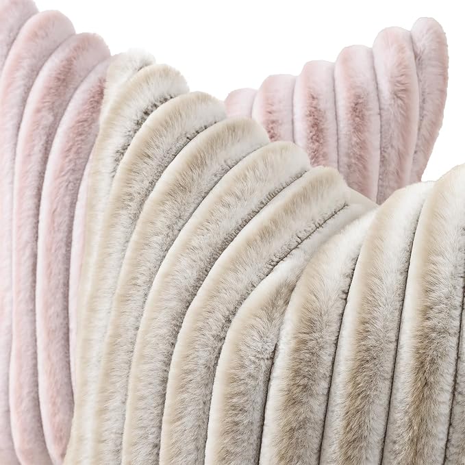 decorUhome Fall Faux Fur Throw Pillow Covers 18x18 Set of 2 Beige White | - Image 2