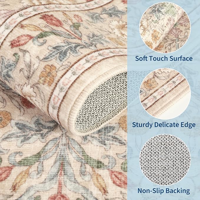 GarveeHome Washable Area Rug 6x9, Soft Vintage Floral Bedroom Rug Non Slip Low - Image 4