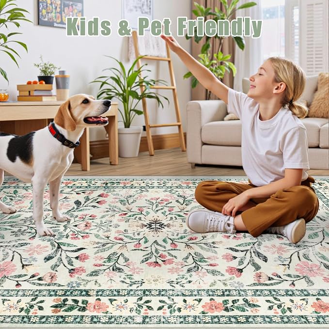 PLHXFR Area Rug Living Room: 5x7 Floral Washable Boho Carpet Green Beige | - Image 8