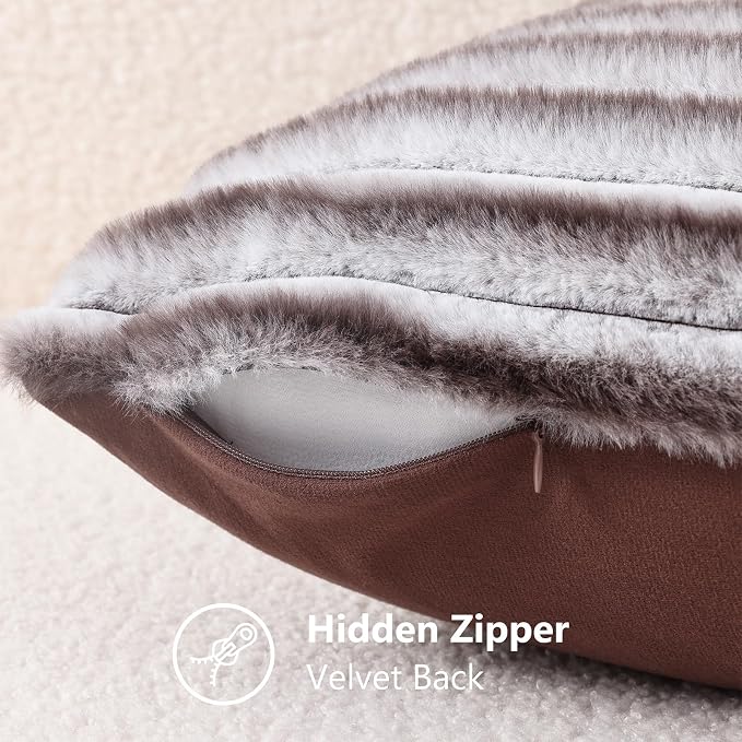 decorUhome Fall Faux Fur Throw Pillow Covers 26x26 Set of 2 Brown White | - Image 8