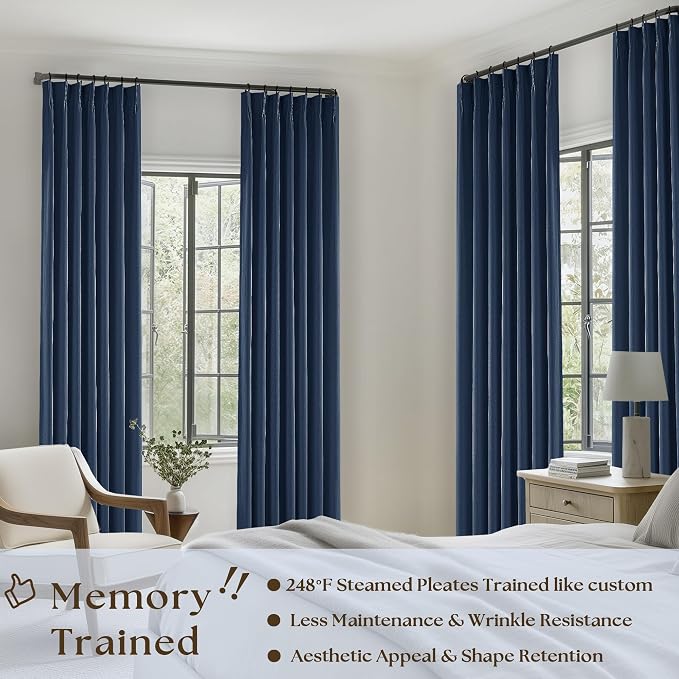 Navy Blue Pinch Pleated Full Blackout Linen 80 Inch Window Curtains | Room - Image 2