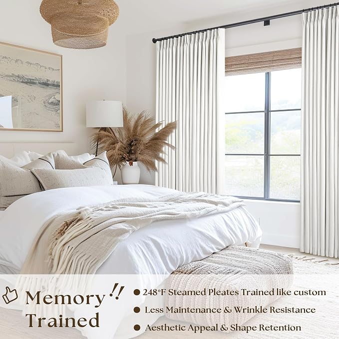 Beige White Pinch Pleated Blackout Linen 90 Inch Long Curtains 60 Inch Wide | - Image 2