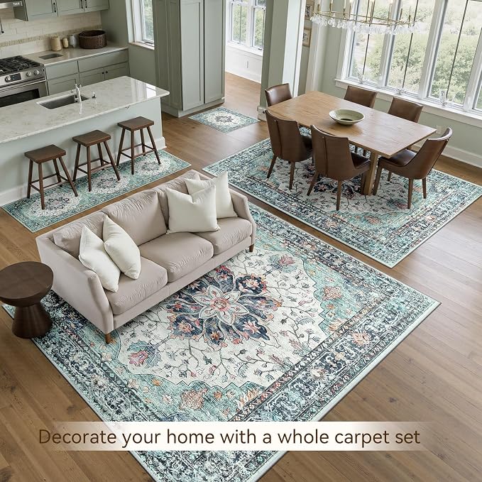 RELEANY Washable Area Rug, Runner 2'x8', Teal Green/White/Navy | Non-Slip - Image 4
