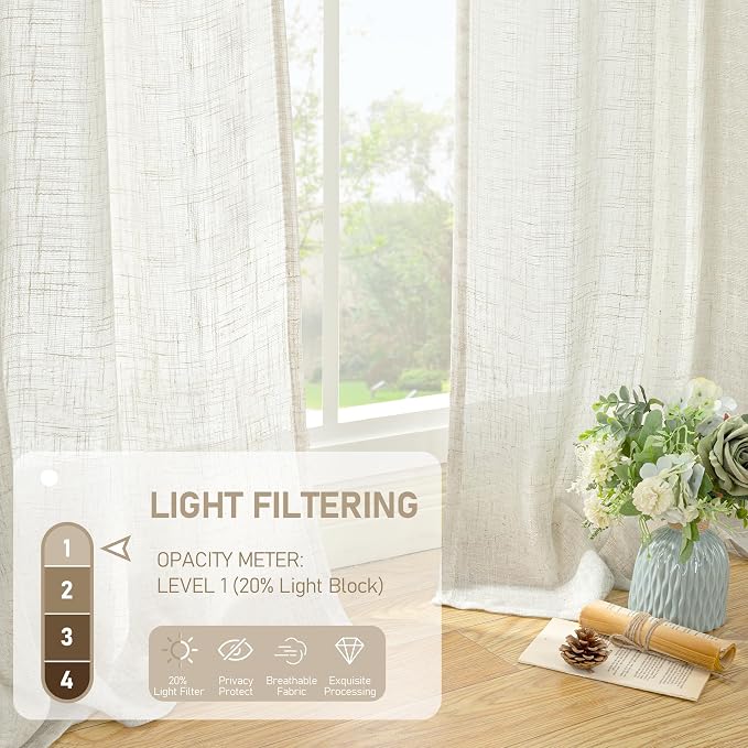 Natural Linen Blended Curtains for Living Room 120 Inch Semi Sheer | Light - Image 4