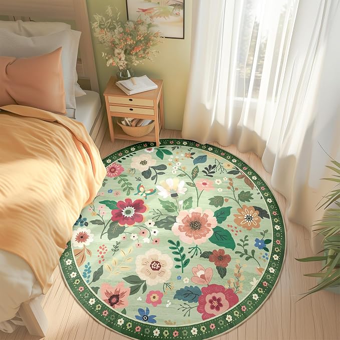 RELEANY Floral Washable Round 4ft Area Rug LightGreen | Flower Carpet Print - Image 6