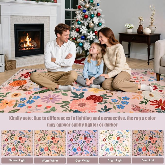 PLHXFR Area Rug 9x12 Living Room: Floral Washable Boho Soft Carpet Beige | - Image 9