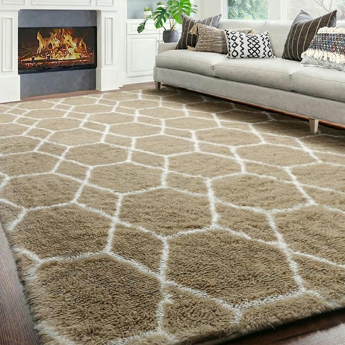 Area Rugs for Living Room, 5x8 Fluffy Beige and White Bedroom Geometric Rug | - Image 9