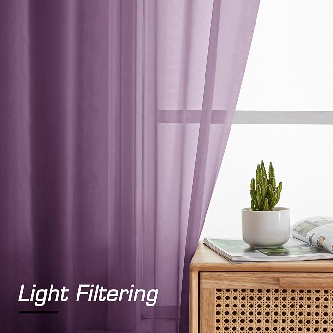 Simplebrand Plum Sheer Curtains 63 Inch Length 2 Panels, Rod Pocket Solid Color - Image 2