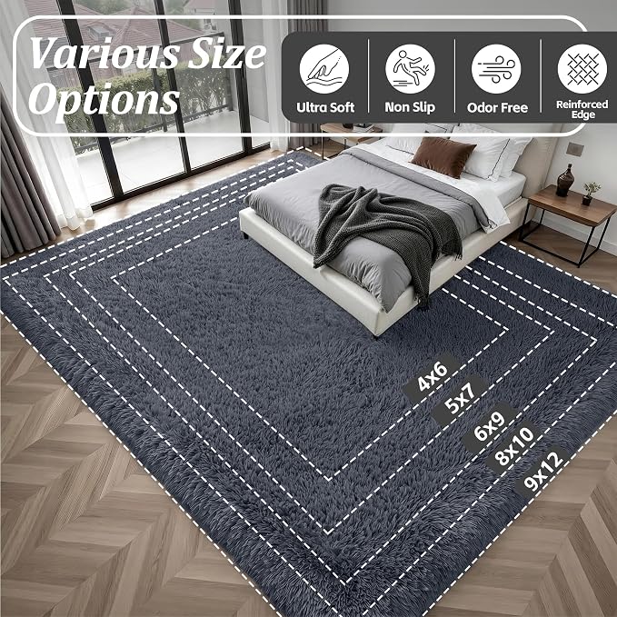 Area Rug Living Room Bedroom: 4x6 Fluffy Plush Shag Carpet Grey | - Image 9
