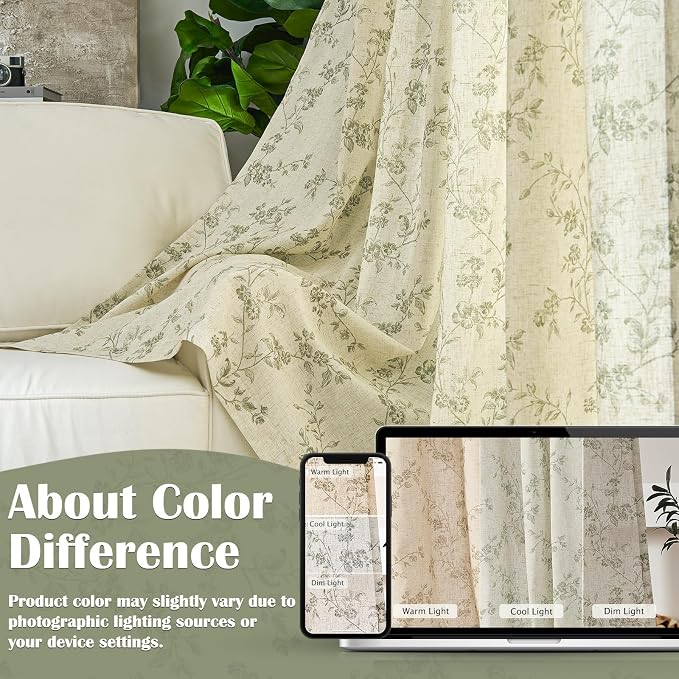 Green Vintage Floral Linen Curtains Farmhouse 50W X 90L 2 Panels | Elisa Series - Image 6