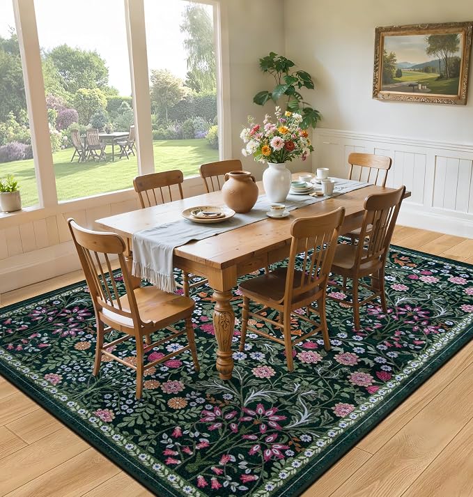 PLHXFR Area Rug 10x14 Living Room: Floral Washable Boho Carpet Dark Green | - Image 4