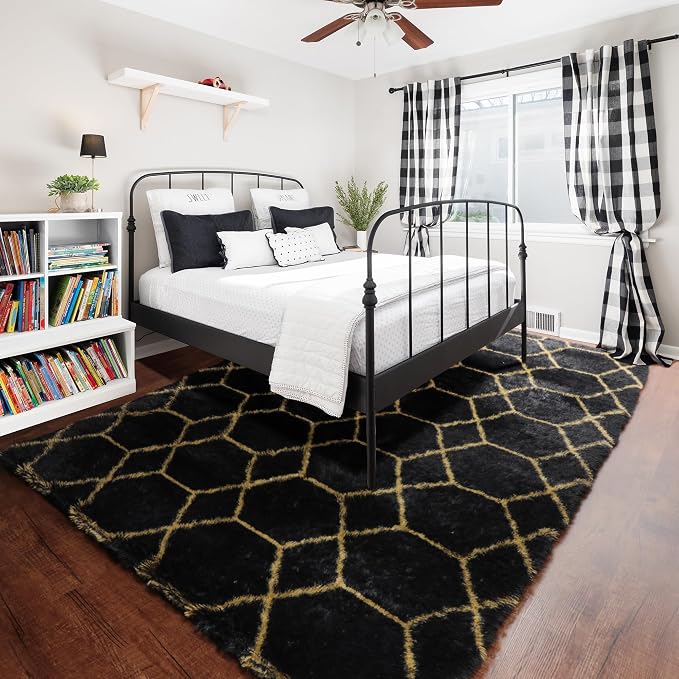 8x10 Area Rugs for Living Room, Fluffy Black and Gold Bedroom Geometric Rug | - Image 6