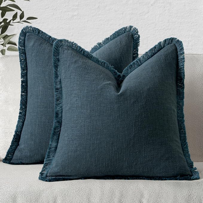 MIULEE Linen Fringe Decorative Euro Throw Pillow Covers Navy Blue 22x22 | Set by MIULEE