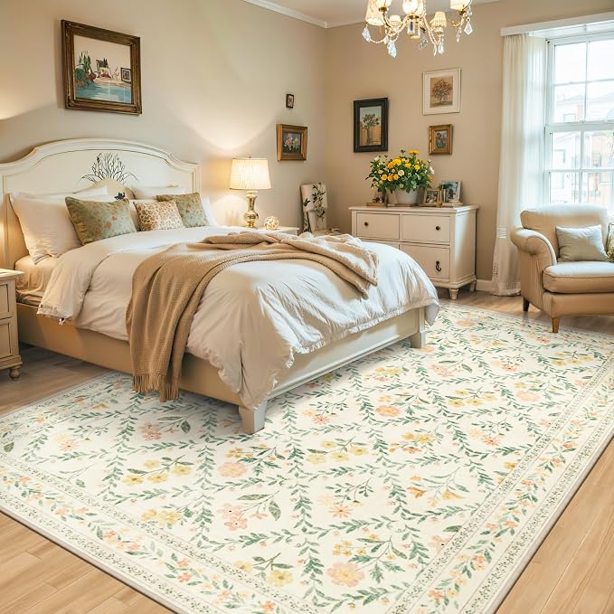PLHXFR Area Rug Living Room: 5x7 Floral Washable Boho Carpet Beige Multi | - Image 3