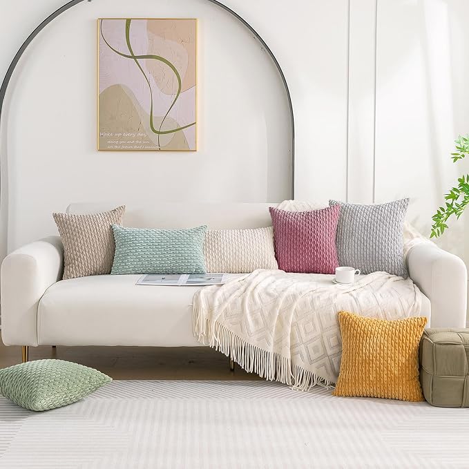 Set of 4 Pink Beige White Decorative Throw Pillow Covers 18x18 Inch Corduroy - Image 7