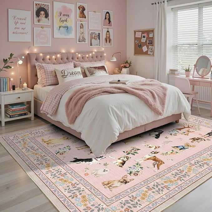 Pink Floral Area Rug 8x10 for Living Room Bedroom | Non Slip; Stain Resistant; - Image 3