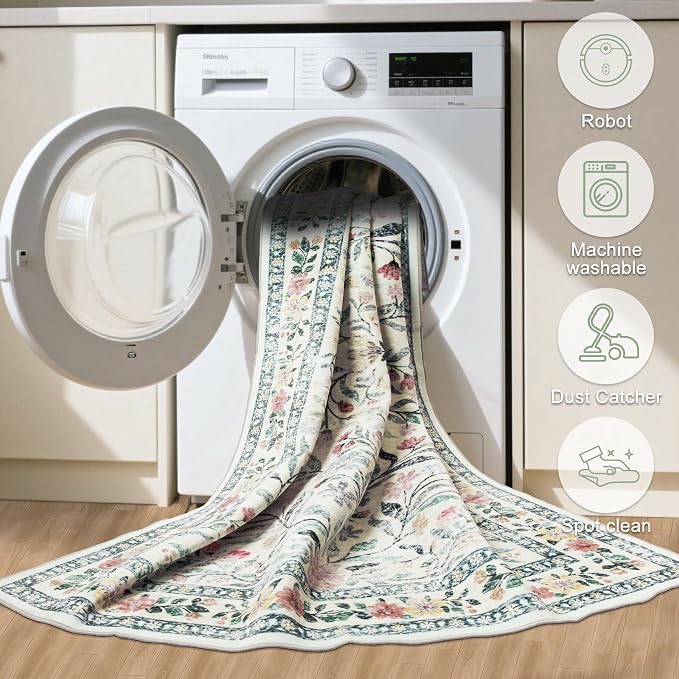 PLHXFR Area Rug 9x12 Living Room: Floral Washable Boho Carpet Green Beige | - Image 5