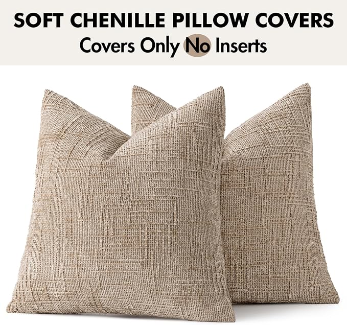 MIULEE Chenille Textured Euro Throw Pillow Covers Oatmeal 22x22 Set of 2 | - Image 8