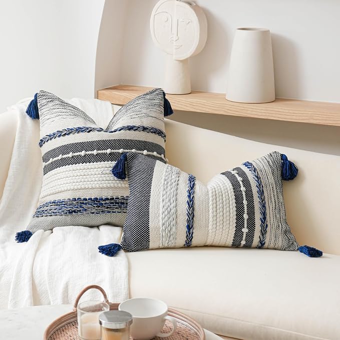 Navy Dark Blue Boho Throw Pillow Cover 22x22 Grey Decorative Accent Pillow - Image 4