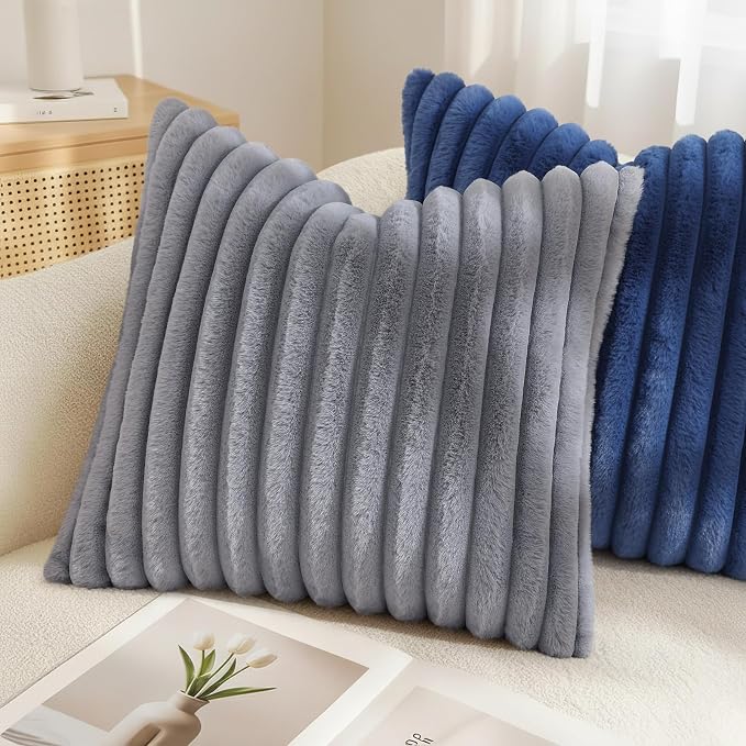 decorUhome Fall Faux Fur Throw Pillow Covers 16x16 Set of 2 Grey | Decorative - Image 4