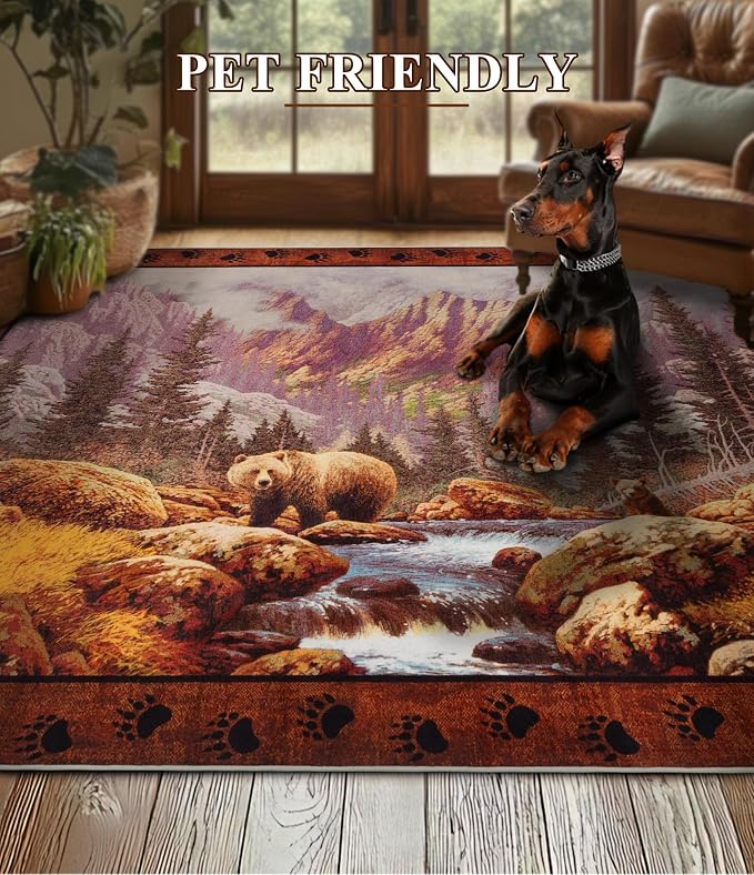 Rustic Cabin Area Rug for Bedroom 4x6, Machine Washable Forest Bear Rug - Image 5