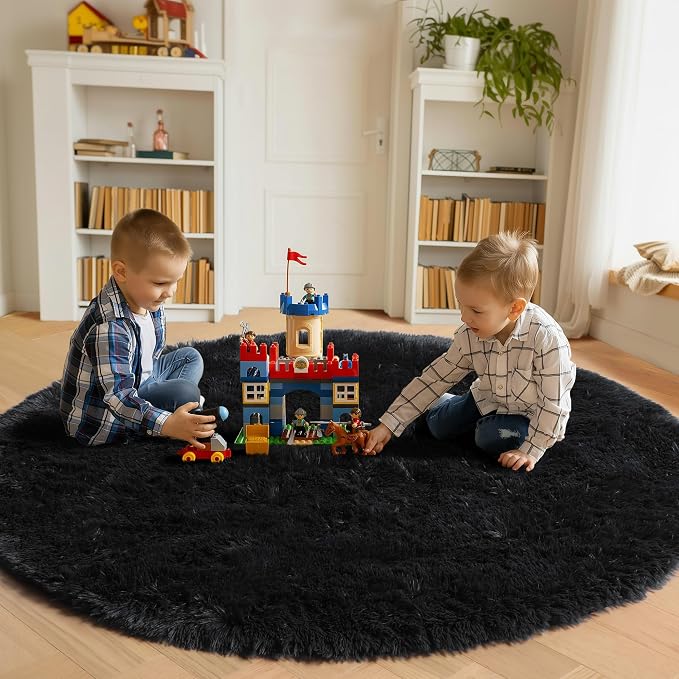 Black Round Rugs 7ft for Living Room, Fluffy Bedroom Circle Area Rug, Soft - Image 4