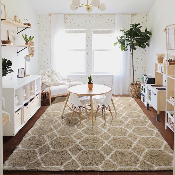 Area Rugs for Living Room, 5x8 Fluffy Beige and White Bedroom Geometric Rug | - Image 8