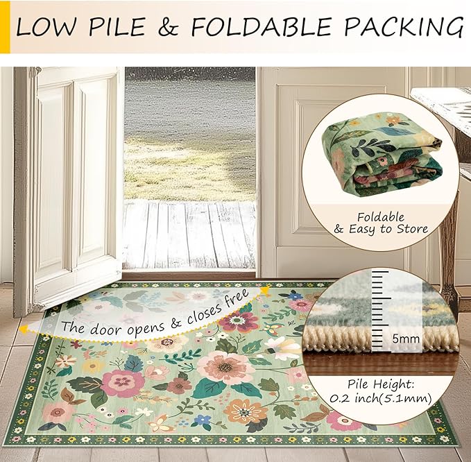 RELEANY Floral Washable 4x6 Area Rugs LightGreen | Flower Carpet Print Boho - Image 4