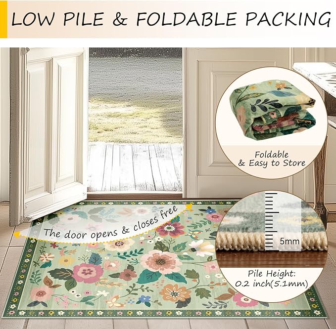 RELEANY Floral Washable 5x7 Area Rugs LightGreen | Flower Carpet Print Boho - Image 5