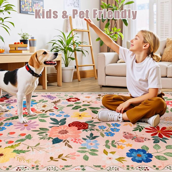PLHXFR Area Rug 10x12 Living Room: Floral Washable Boho Soft Carpet Beige | - Image 7