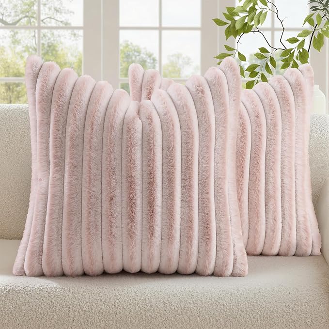 decorUhome Fall Faux Fur Throw Pillow Covers 16x16 Set of 2 Pink White | by decorUhome