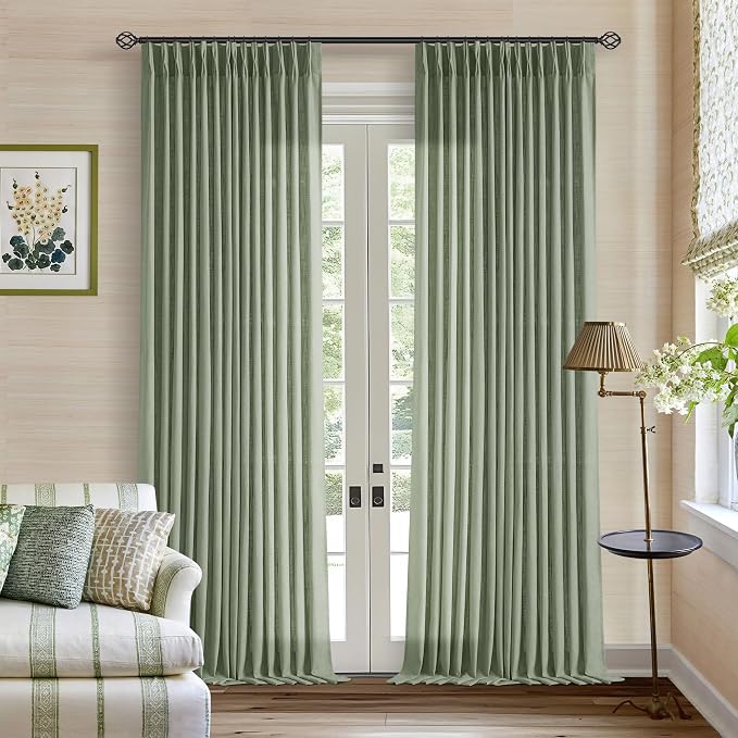 Pinch Pleated Sage Green Thick Linen Curtains 96 Inch Length 2 Panels Set | by Twodrapes