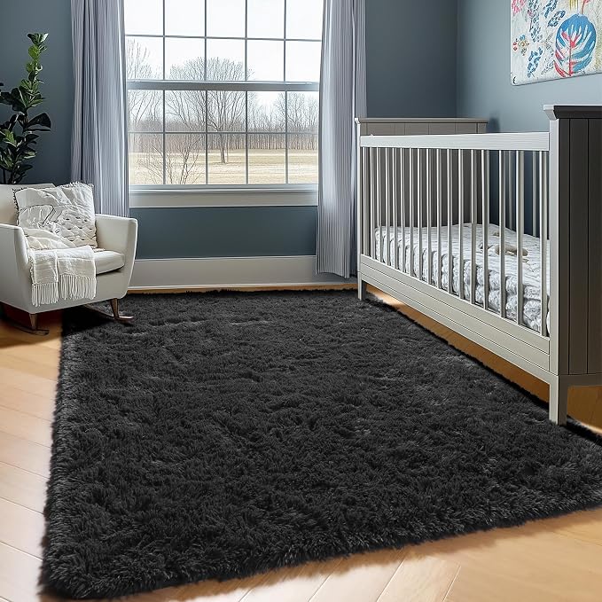Black Area Rugs for Bedroom Living Room, Fluffy Fuzzy Shaggy 4x6 Bedside Rug - Image 5