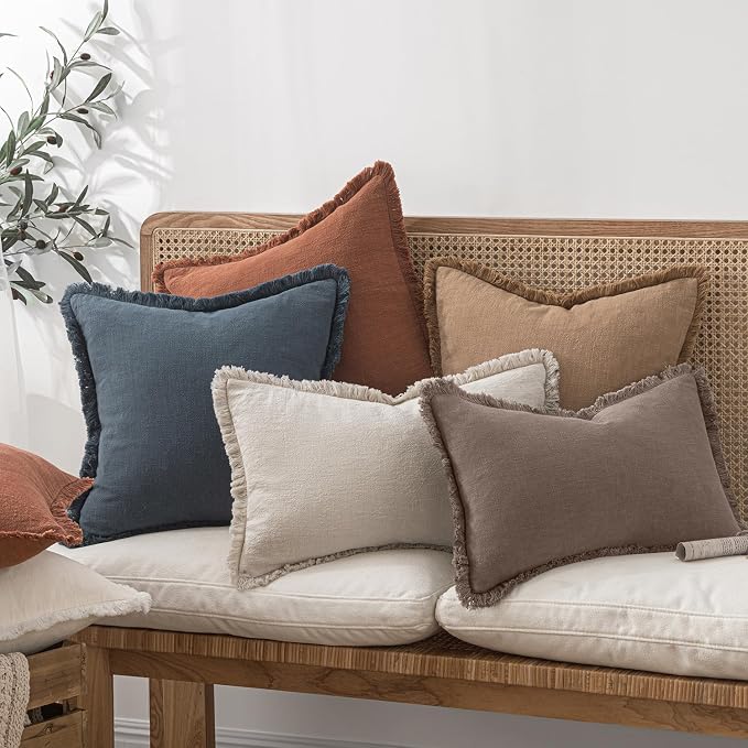MIULEE Linen Fringe Decorative Fall Throw Pillow Covers Malt Ball 20x20 | Set - Image 7