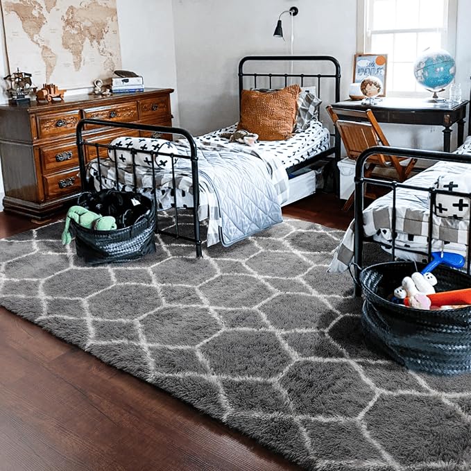 6x9 Area Rugs for Living Room Bedroom, Fluffy Grey and White Geometric Rug | - Image 8