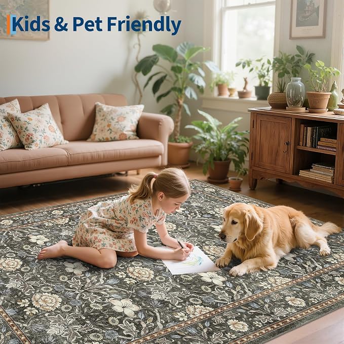 GarveeHome Washable Area Rug 6x9, Soft Vintage Floral Bedroom Rug Non Slip Low - Image 7