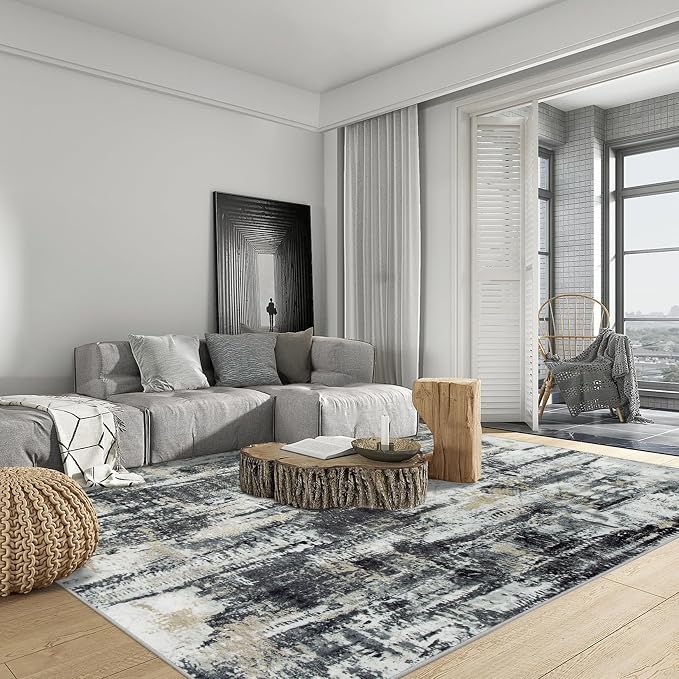 6x9 Area Rugs for Living Room: Washable Abstract Black Grey Gold Carpet | - Image 5