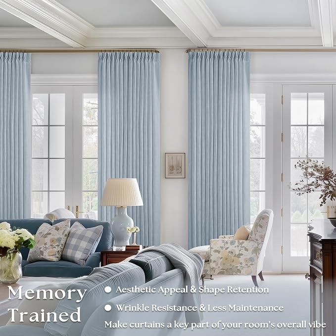 Dusty Blue Pinch Pleated Linen Curtains 84 Inches Long 2 Panels | Pinch Pleat - Image 2