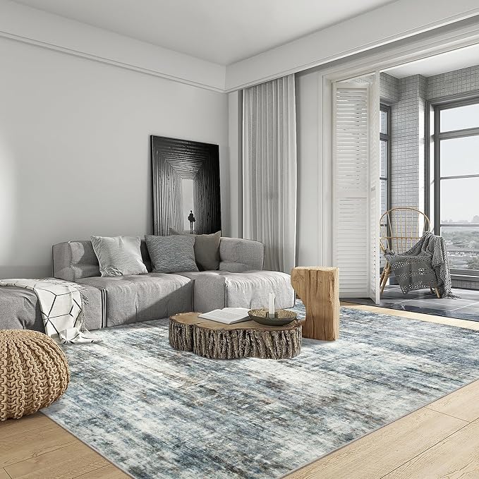 9x12 Area Rugs for Living Room: Washable Abstract Blue Multi Badroom Carpet | - Image 4