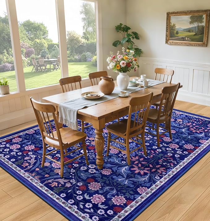PLHXFR Area Rug 10x14 Living Room: Floral Washable Boho Soft Carpet Blue | - Image 4