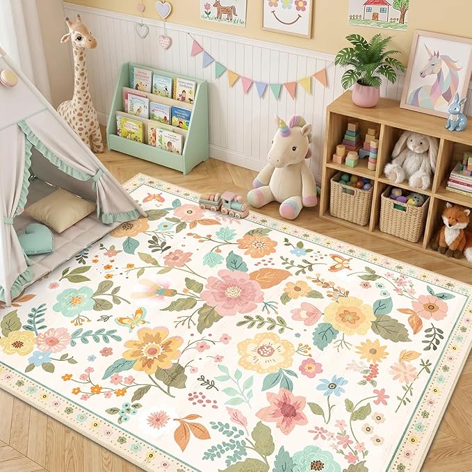 RELEANY Floral Washable 8x10 Area Rugs Beige/White/Orange | Flower Carpet Print - Image 6