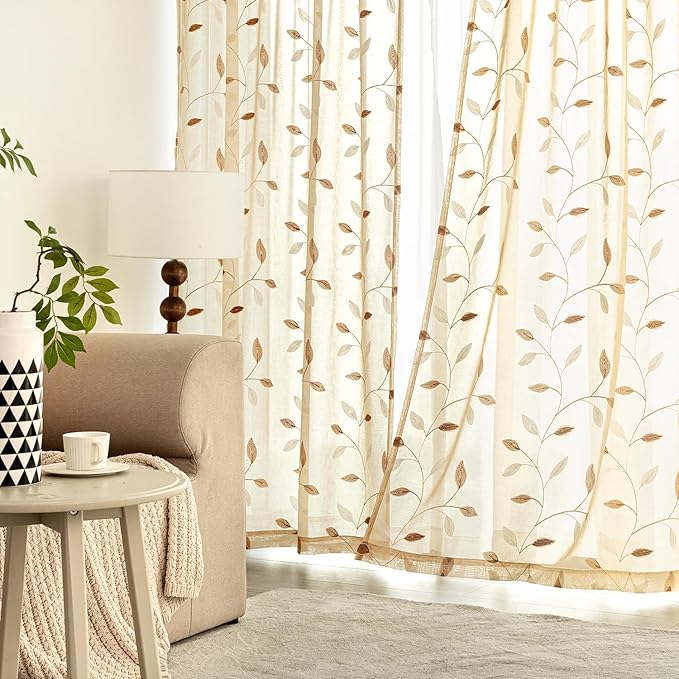 MIULEE Beige Sheer 30x36 Inches Length 2 Panels Embroidered Leaf Patterned | - Image 3