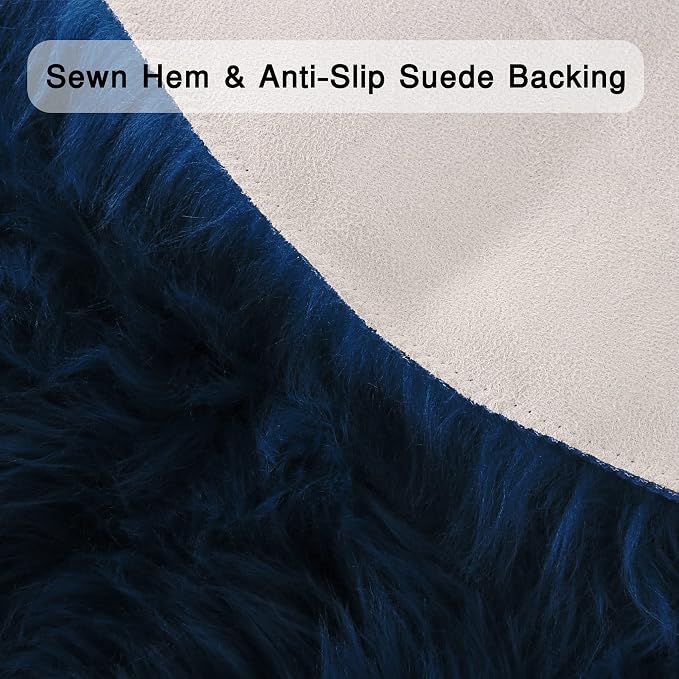 Navy Blue Faux Fur Sheepskin Round Rug 4x4 ft, Fluffy Shag Circle Rug | Shag - Image 3
