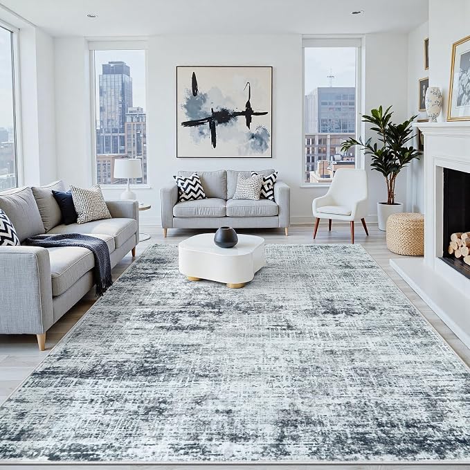 5x7 Washable Area Rug for Living Room Bedroom: Non-Slip Modern Black Grey | by Oriannal