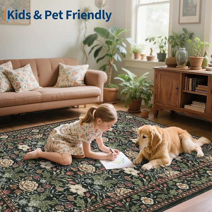 GarveeHome Green Washable Area Rug 5x7, Retro Floral Low Pile Non Slip Living - Image 7