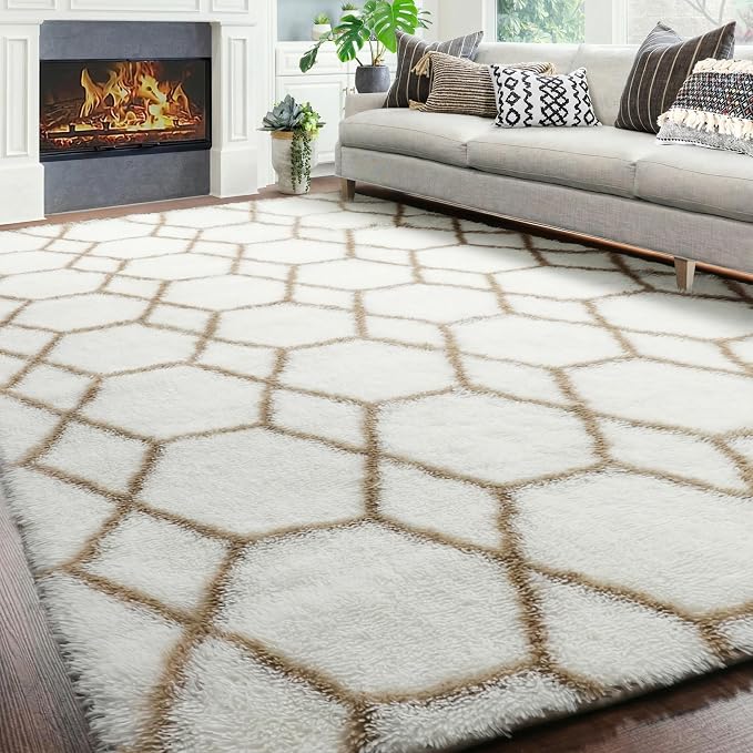 6x9 Area Rugs for Living Room Bedroom, Fluffy White and Beige Geometric Rug | - Image 5