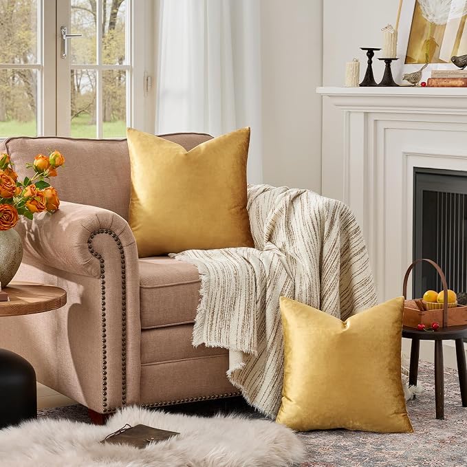 GIGIZAZA Golden Velvet Pillow Covers 26x26 Decorative Pillows Pack of 2 | Throw - Image 2