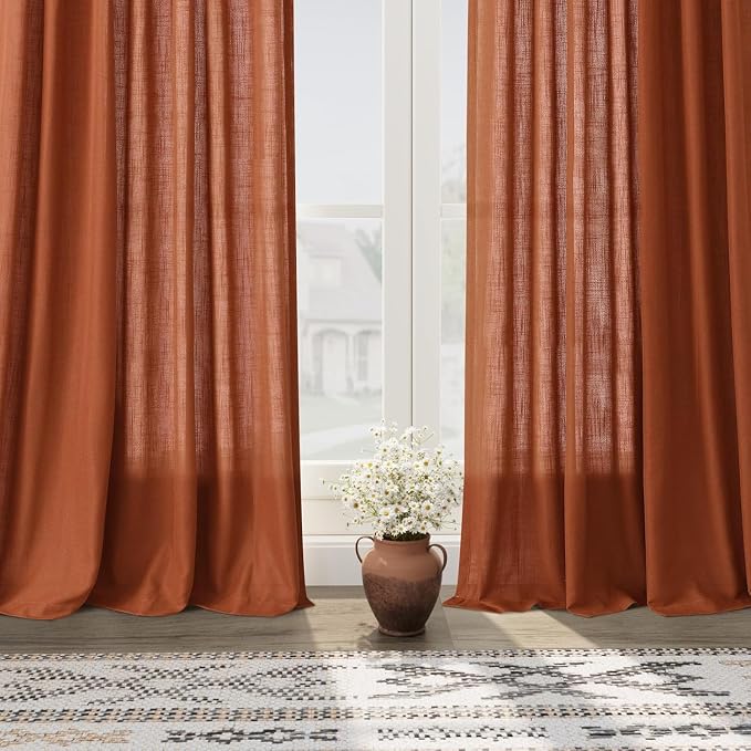 Terracotta Long Linen Curtains 102 Inches Long 2 Panel Set Back Tab Boho Rustic - Image 5