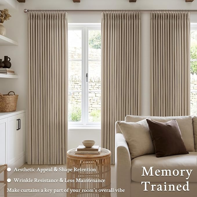 Pinch Pleated Semi Sheer Camel Tan Linen Curtains 96 Inches Long 2 Panels | - Image 4